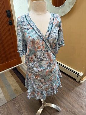 Poupette St Barth Light Blue Floral Wrap Skirt Dress with Coral Accents